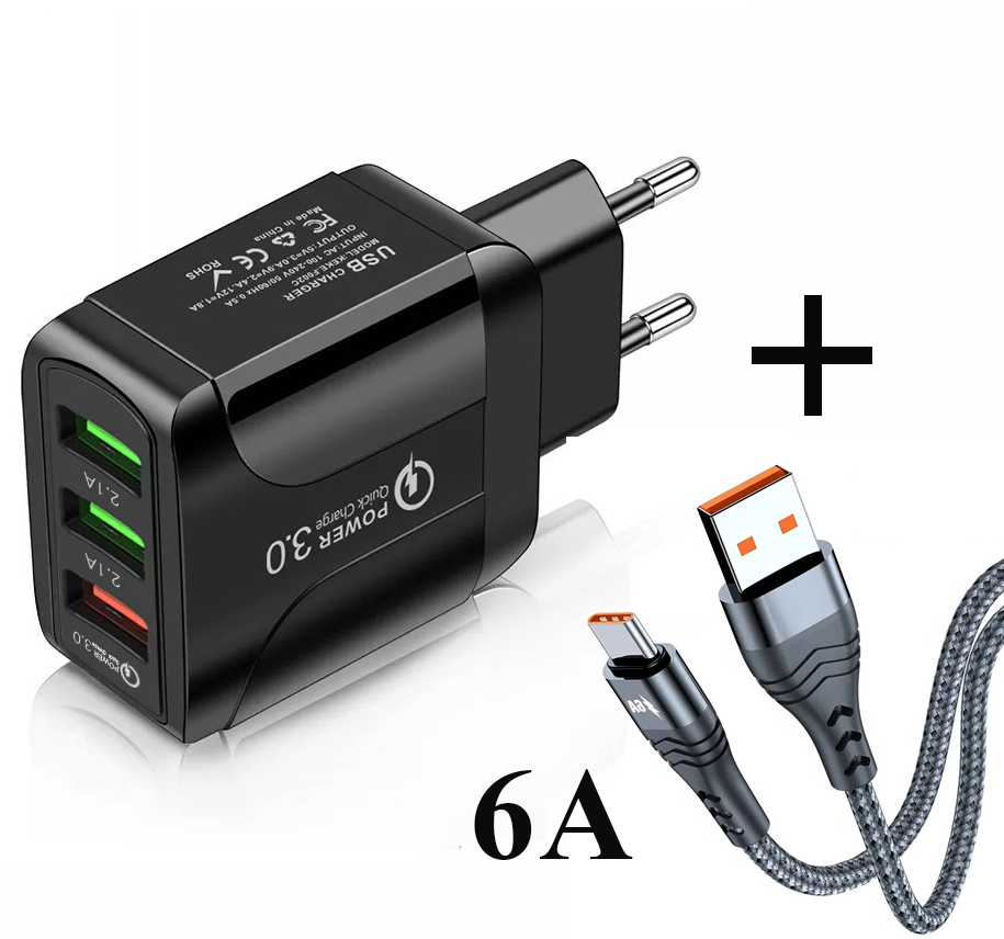 Сетевое Зарядное Устройство (блок питания)QC 3.0 на 3-USB порта + кабель USB 6A для зарядки черное (ML081-1)