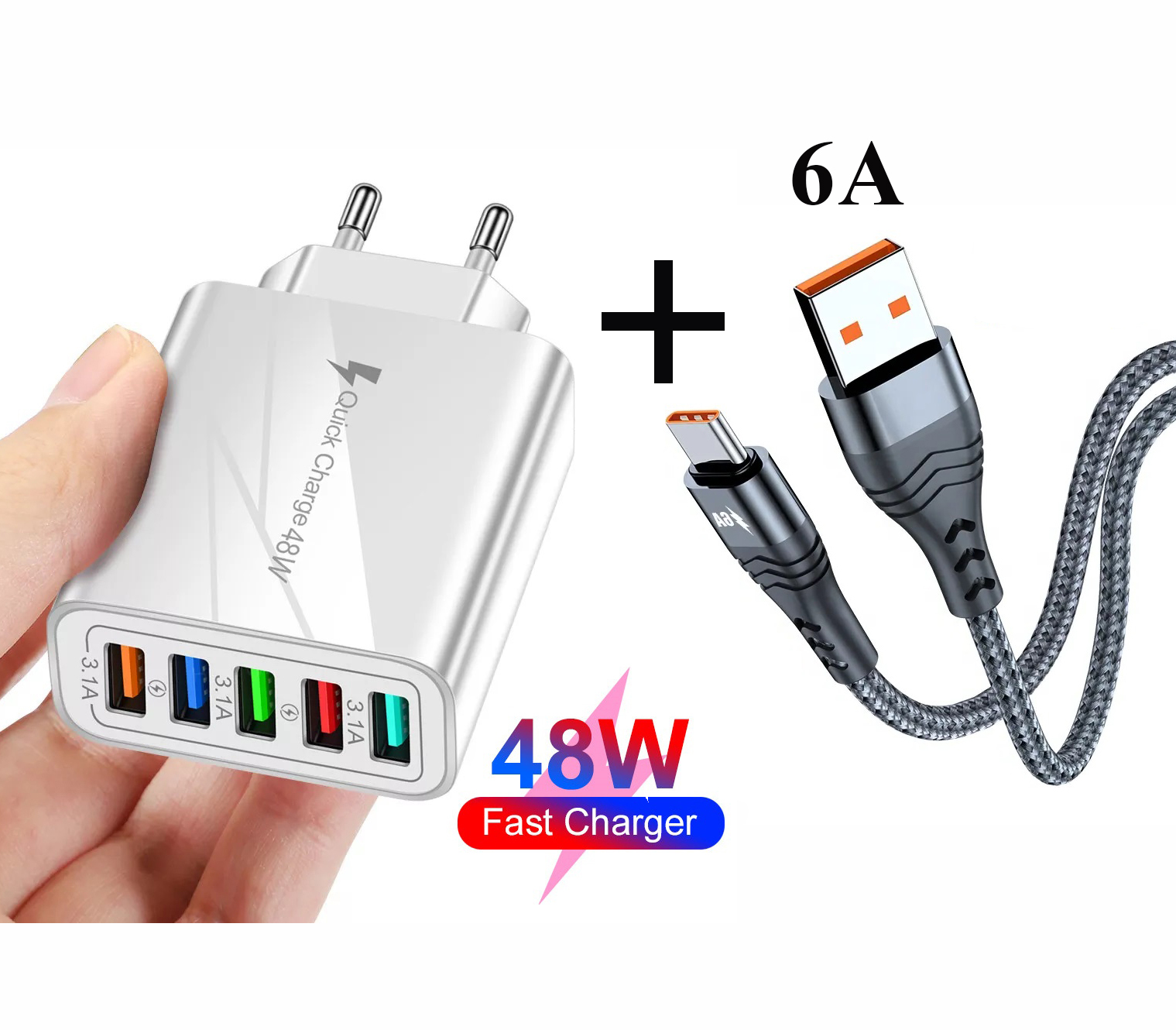 Сетевое Зарядное Устройство (блок питания)QC 3.0 на 5-USB порта + кабель USB 6A для зарядки белый (ML082-1)