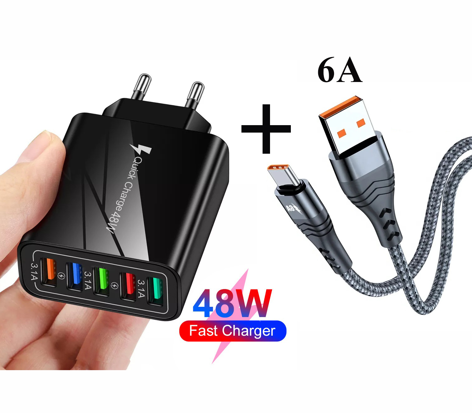 Сетевое Зарядное Устройство (блок питания)QC 3.0 на 5-USB порта + кабель USB 6A для зарядки черный (ML083-1)