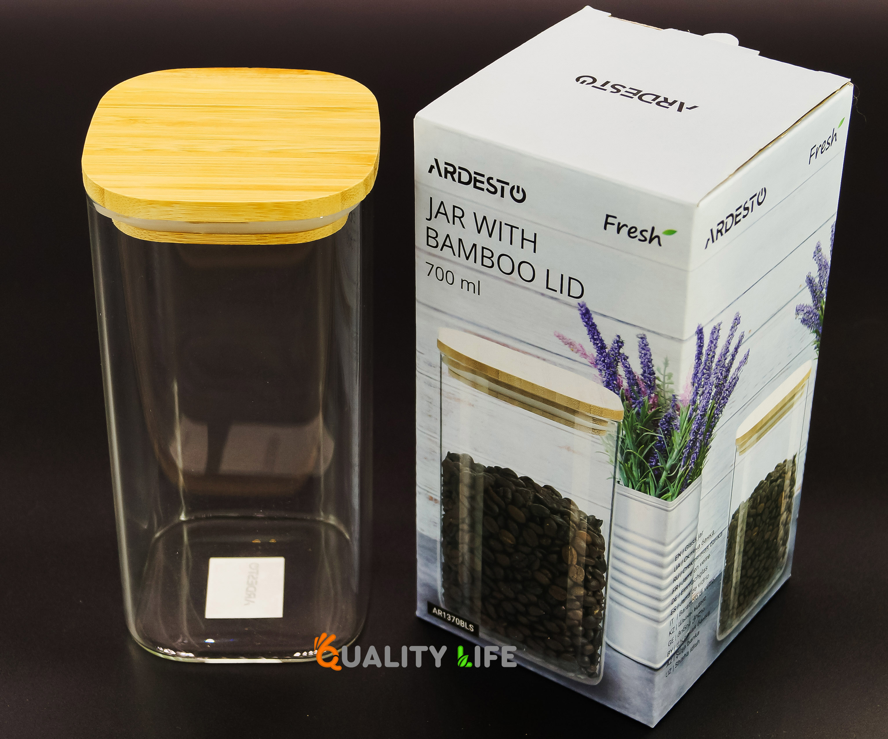 Банка-контейнер с бамбуковой крышкой квадратная для сыпучих продуктов Ardesto Fresh 700 мл  (AR1370BLS)