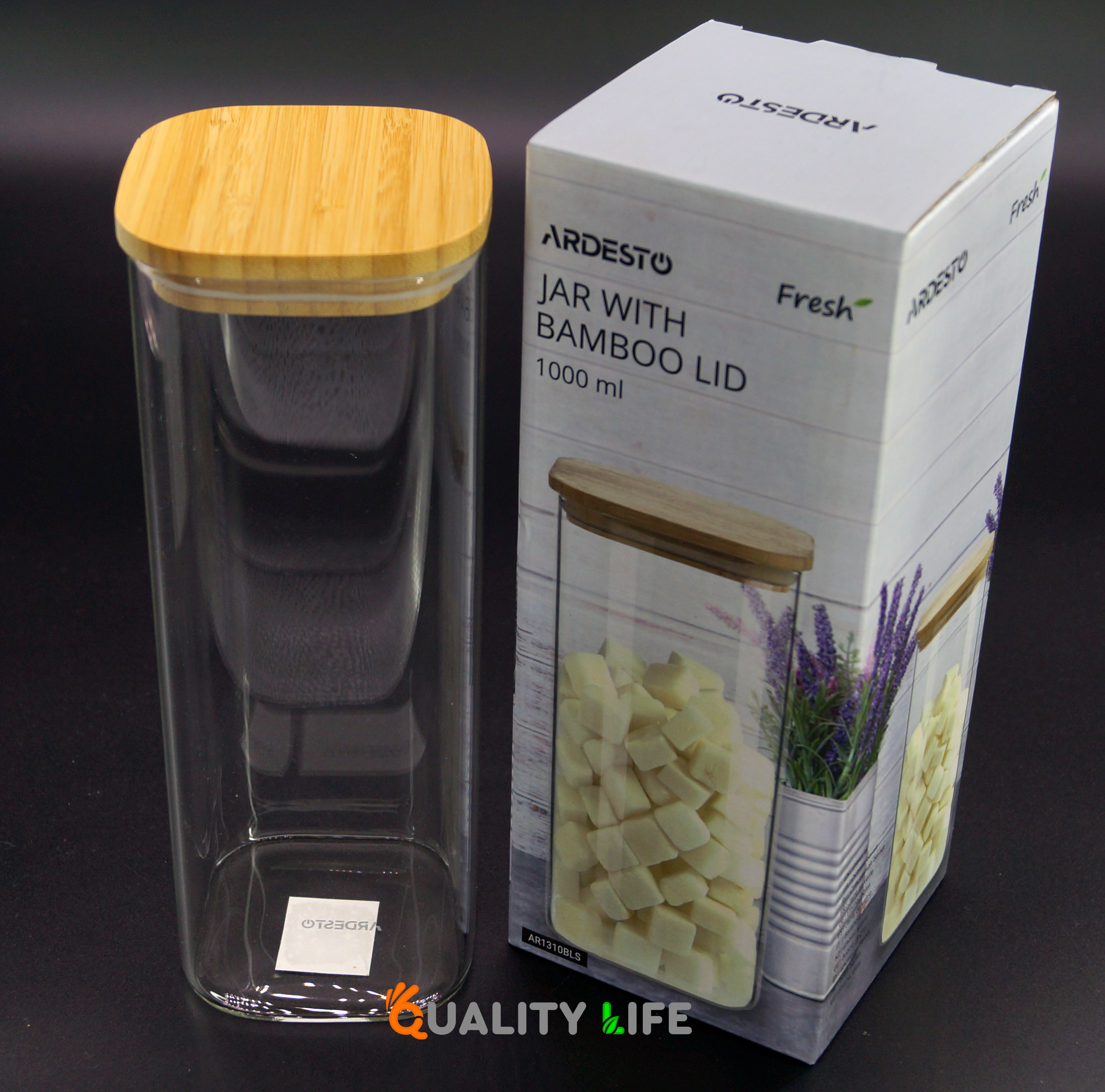 Банка-контейнер с бамбуковой крышкой квадратная для сыпучих продуктов Ardesto Fresh 1000 мл  (AR1310BLS)