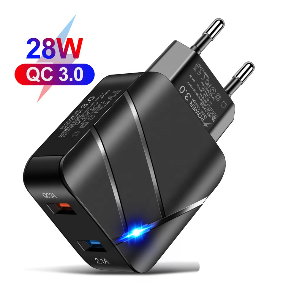 Сетевое Зарядное Устройство 28W, QC3.0+2.1А - Быстрая зарядка для телефона - Блок Питания на 2-USB Порта черный (ML054)
