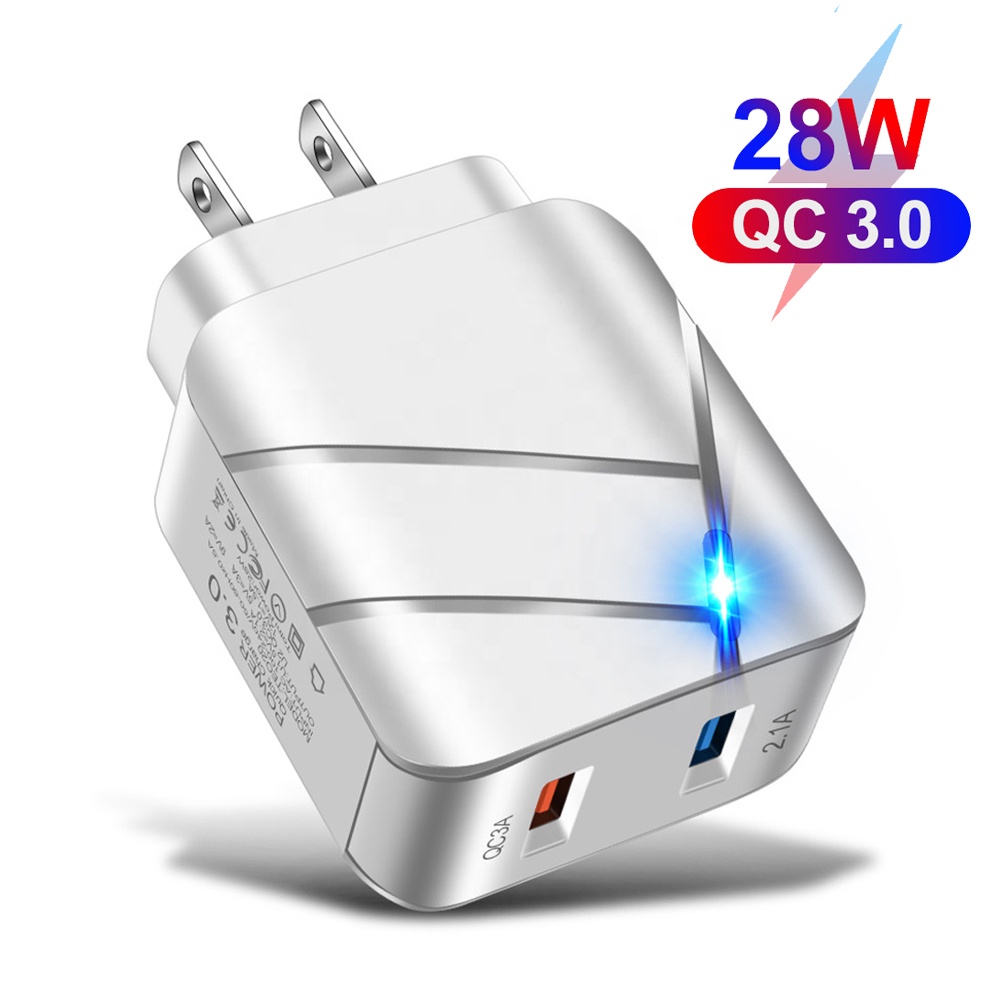 Сетевое Зарядное Устройство 28W, QC3.0+2.1А - Быстрая зарядка для телефона - Блок Питания на 2-USB Порта белый (ML055)