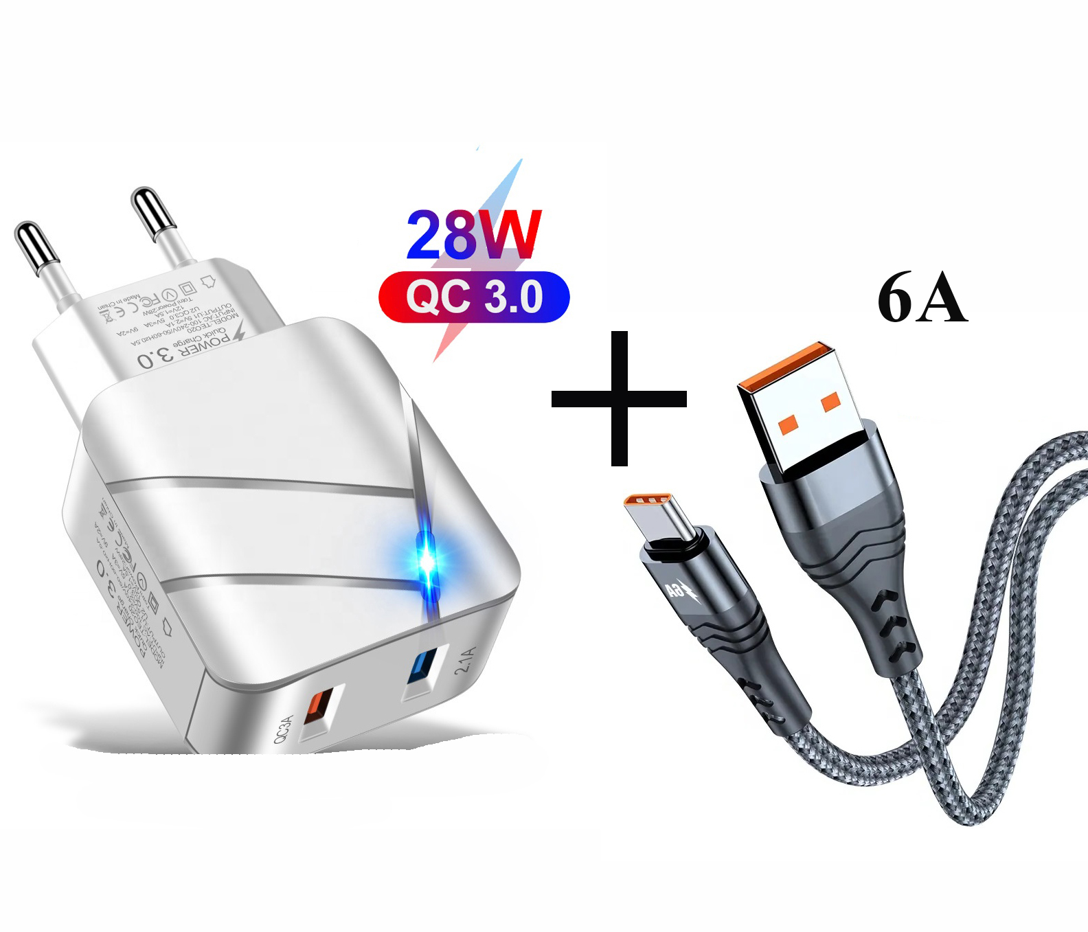Сетевое Зарядное Устройство 28W, QC3.0+2.1А(блок питания) на 2-USB порта + кабель USB 6A для зарядки белая (ML055-1)