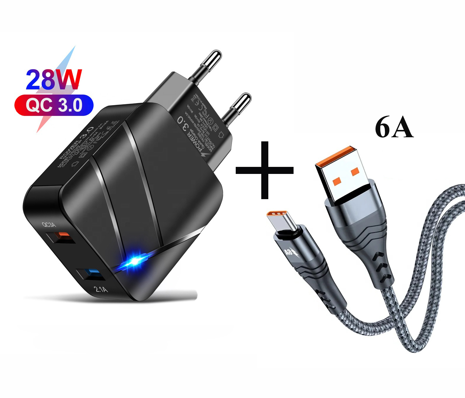 Сетевое Зарядное Устройство 28W, QC3.0+2.1А(блок питания) на 2-USB порта + кабель USB 6A для зарядки черный (ML054-1)