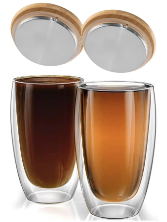 Набор стаканов для латте с двойными стенками (двойным дном) с крышкой Ardesto 2 шт х 400 мл (AR2640G+крышка)