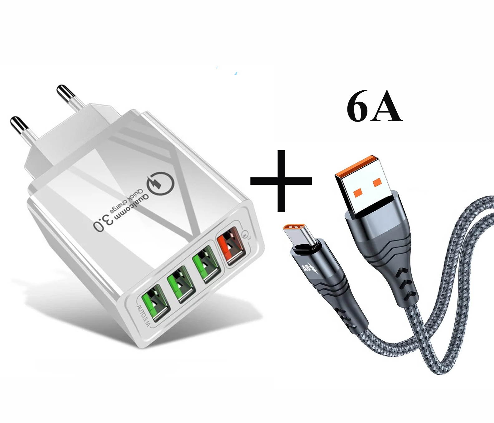Сетевое Зарядное Устройство 6.2А (блок питания) QC 3.0 быстрая зарядка на 4-USB порта + кабель USB 6A для зарядки белый (ML022-1)
